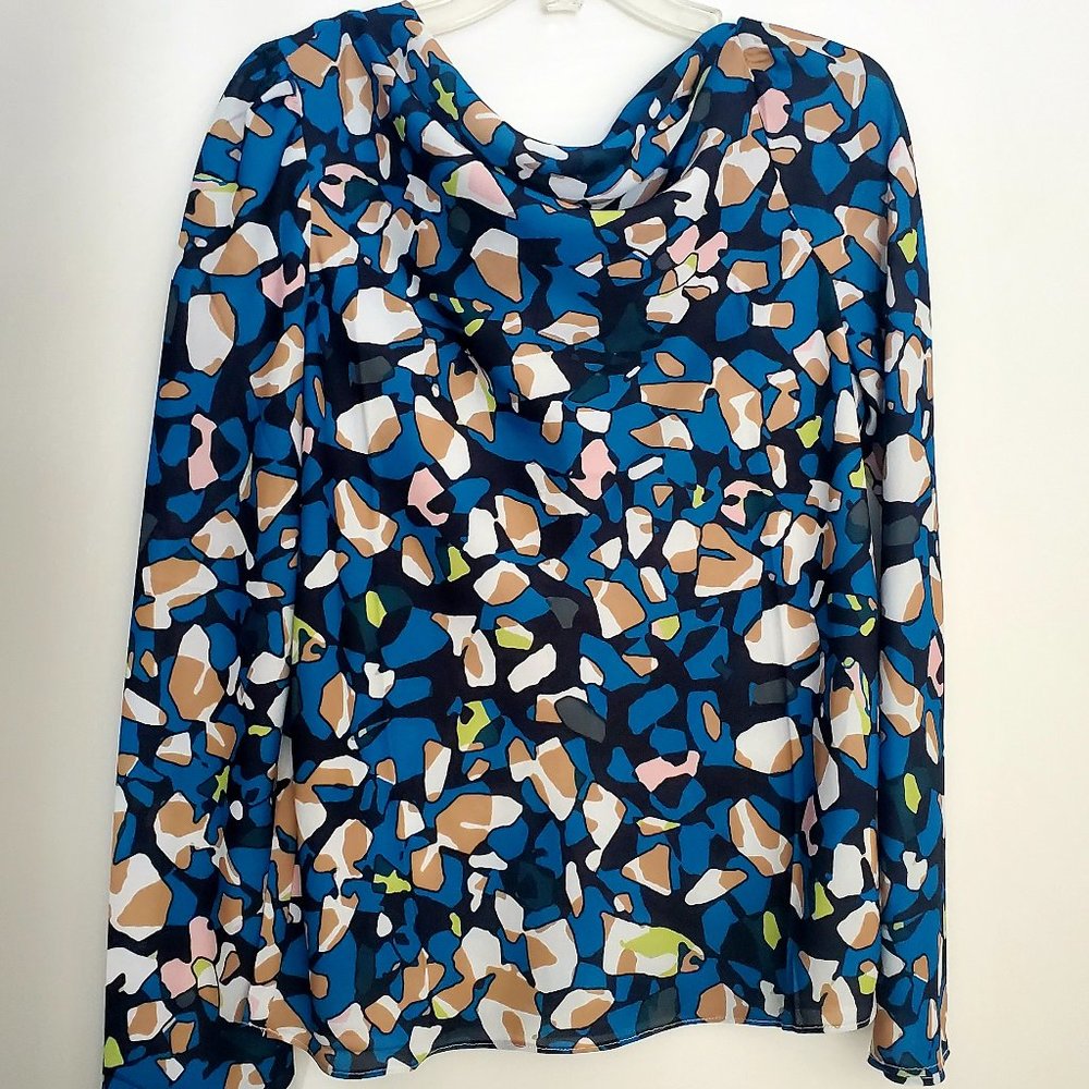 HALSTON Cowl Neck Blouse Teal Blue Black Neutral Colours Ditsy Geometric Print